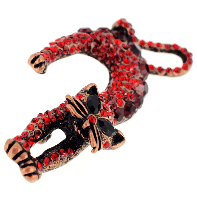 Red Ruby Stretching Cat Crystal Pin Brooch