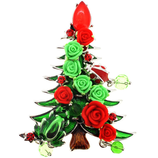Red and Green Rose Christmas Tree Pin Brooch