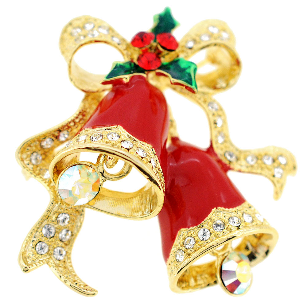 Red Christmas Bells Crystal Pin Brooch