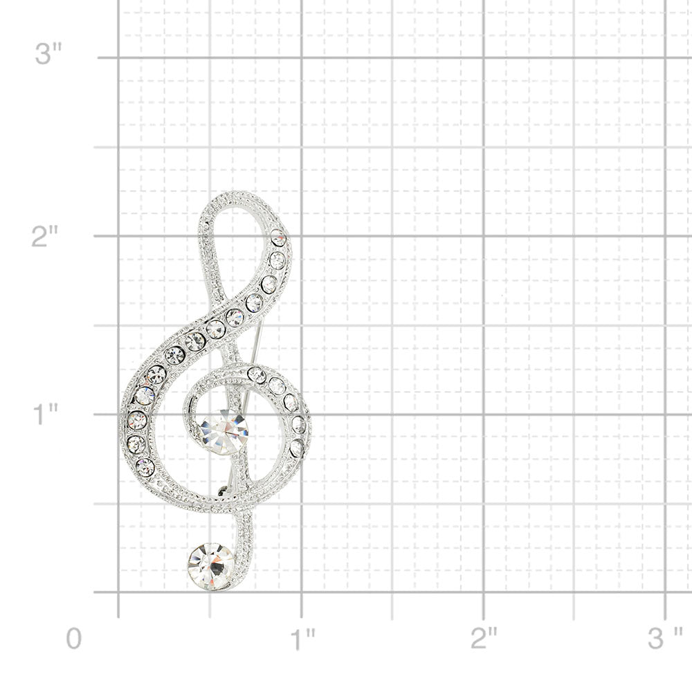 Silver Spiral Music Note Crystal Pin Brooch