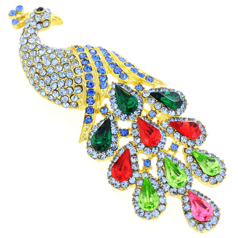Multicolor Golden Peacock Crystal Pin Brooch