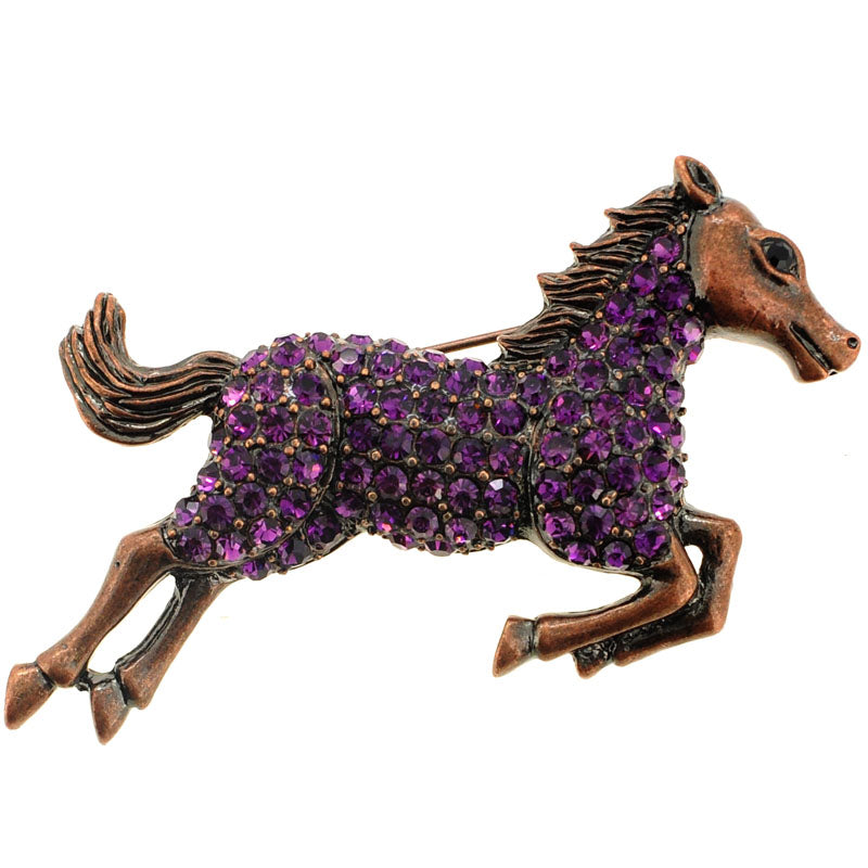 Amethyst Crystal Leaping Horse Pin Brooch