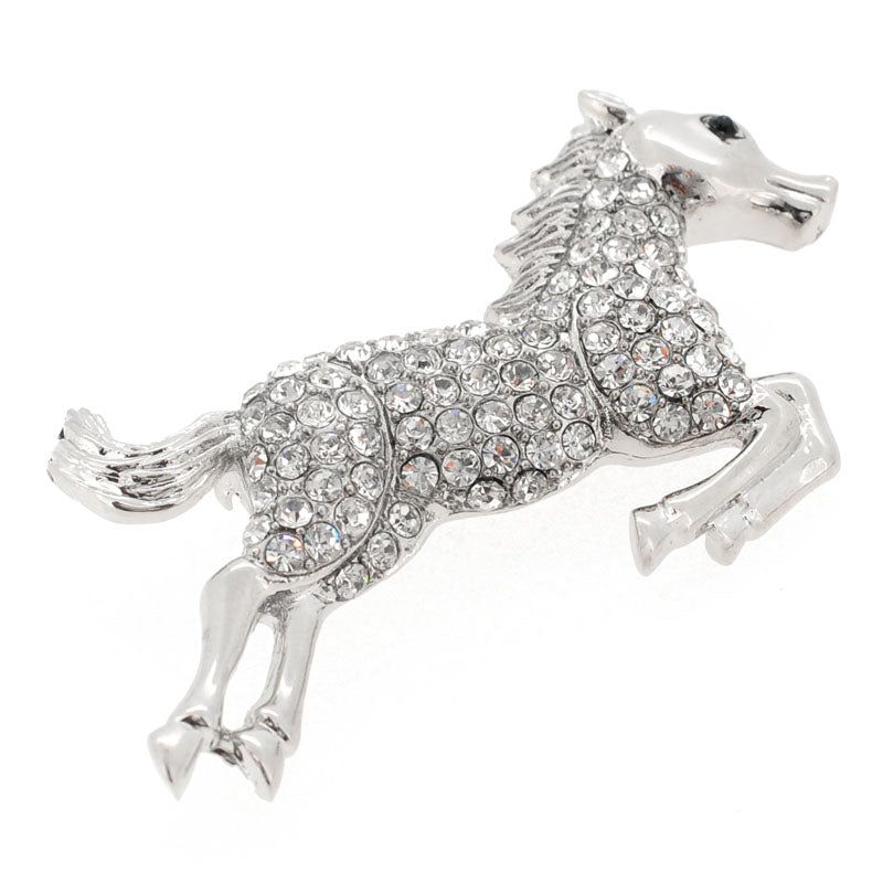 Silver Crystal Leaping Horse Pin Brooch