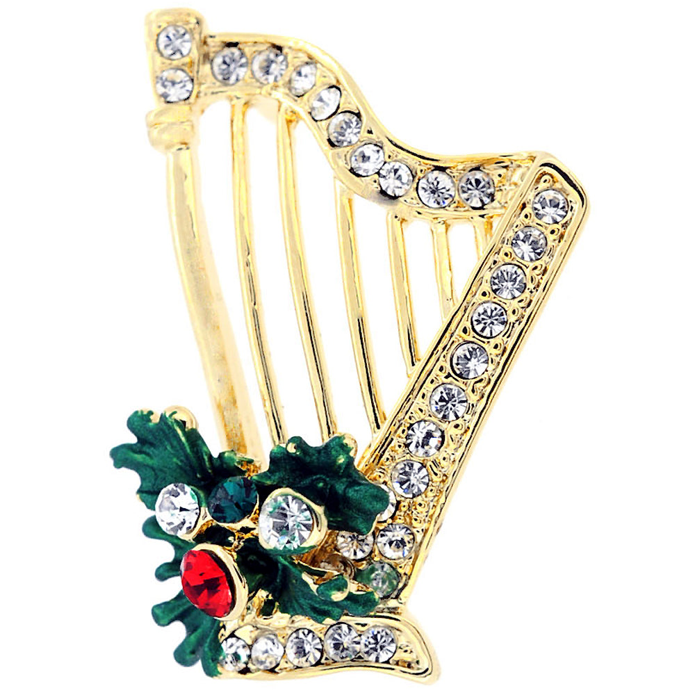 Golden Christmas Mistletoe Harp Crystal Lapel Pin