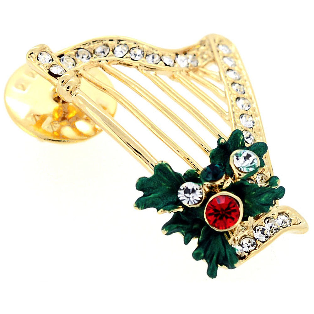 Golden Christmas Mistletoe Harp Crystal Lapel Pin