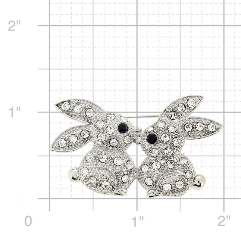 Silver Crystal Kissing Bunny Easter Brooch Pin