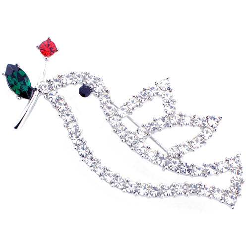 Crystal Dove With Red Rose Bird Pin Brooch