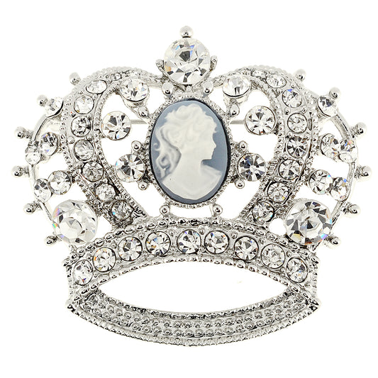 Silver Crystal Cameo Crown Pin Brooch