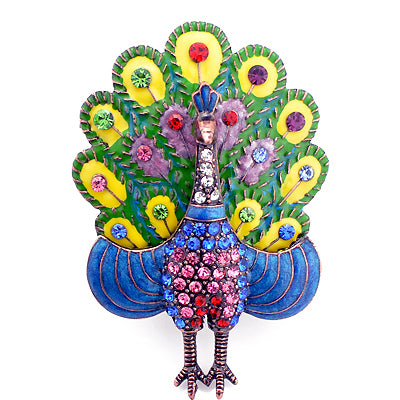 Multicolor Emerald Enamel Peacock Brooch Pin