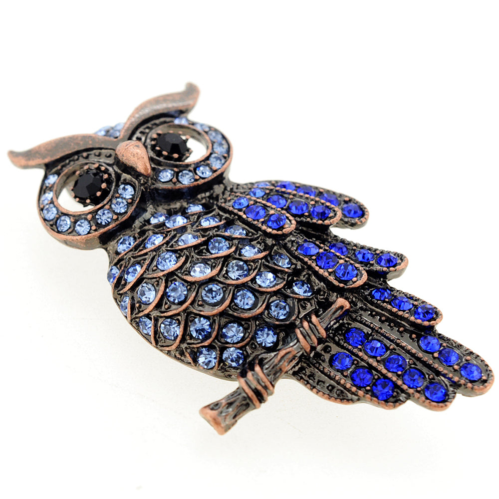 Vintage Style Sapphire Blue Owl Crystal Bird Pin Brooch
