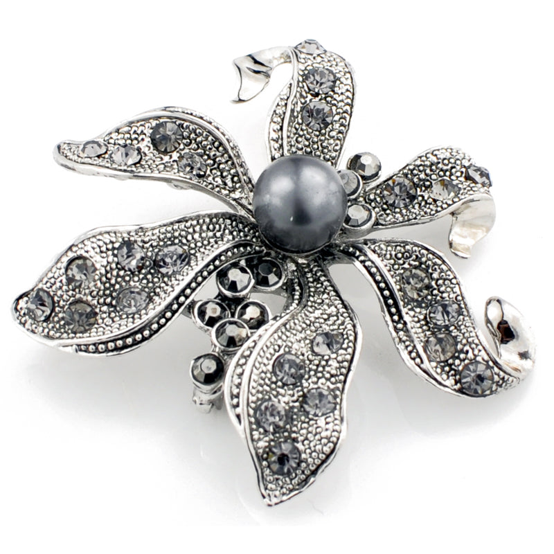 Vintage Style Black Flower Pearl Pin Brooch and Pendant