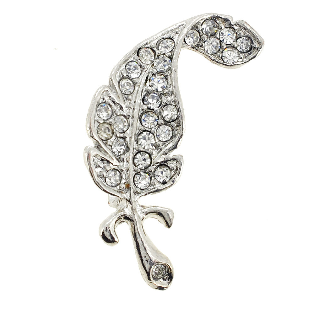 Silver Chrome Feather Crystal Pin Brooch