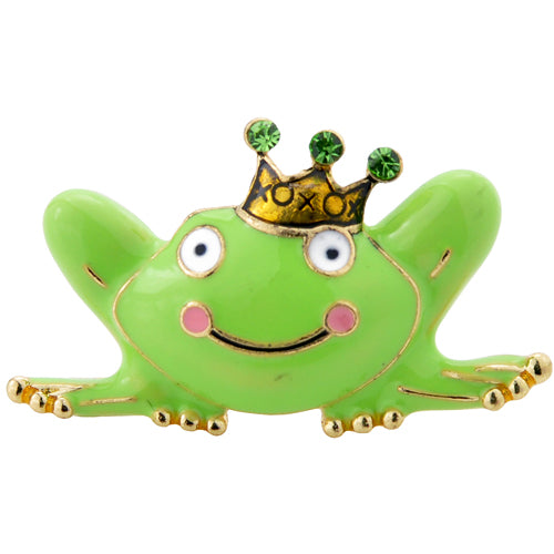 Green Enamel Frog with Crown Pin Brooch
