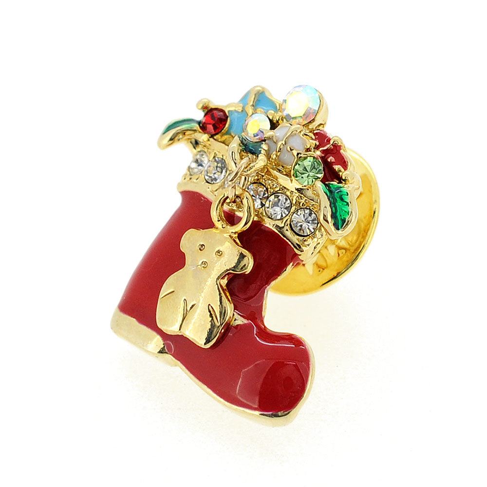 Red Christmas Stocking with Ornaments Swarovski Crystal Lapel Pin
