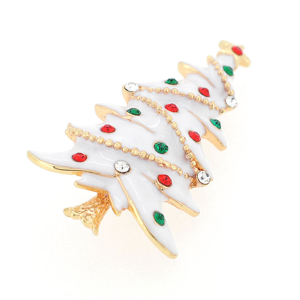 White Christmas Tree Crystal Pin Brooch