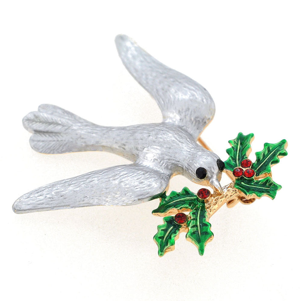 Christmas Mistletoe Dove Crystal Pin Brooch