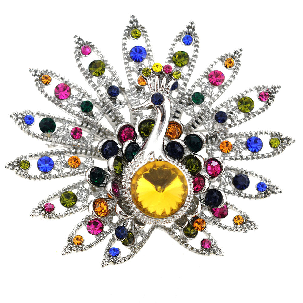 Multicolor Yellow Gem Peacock Pin Brooch