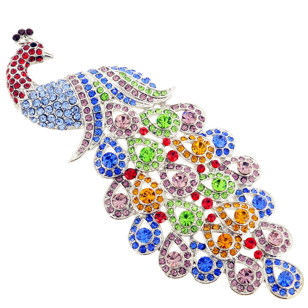 Multicolor Large Gem Drop Peacock Crystal Pin Brooch