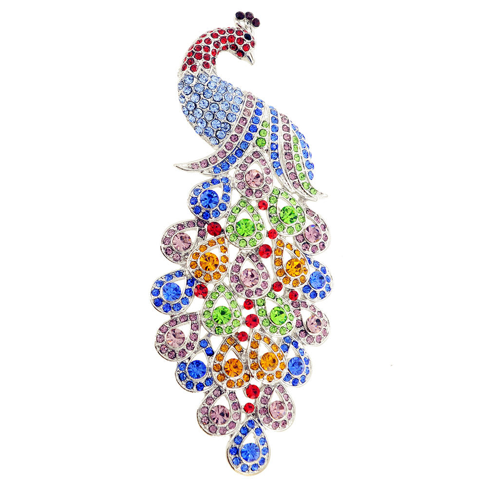 Multicolor Large Gem Drop Peacock Crystal Pin Brooch