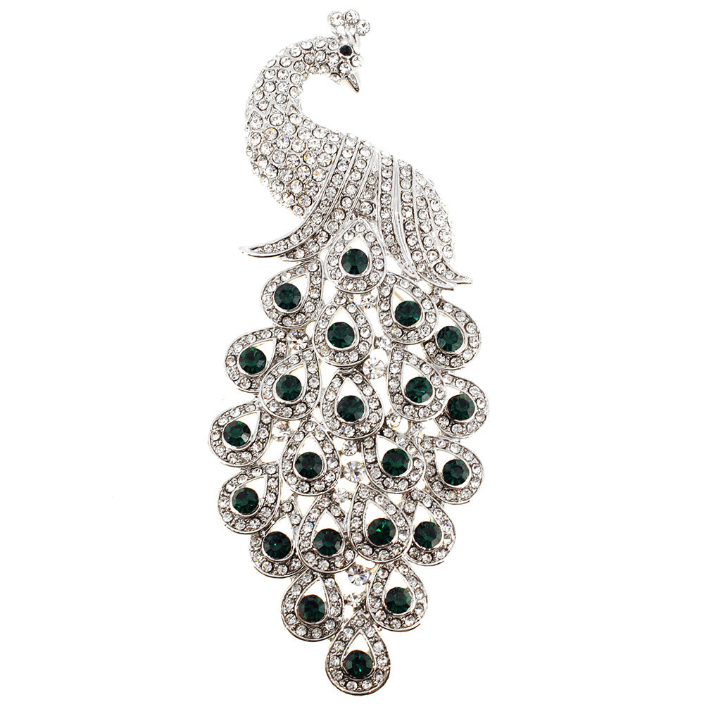 Green Large Gem Drop Peacock Crystal Pin Brooch