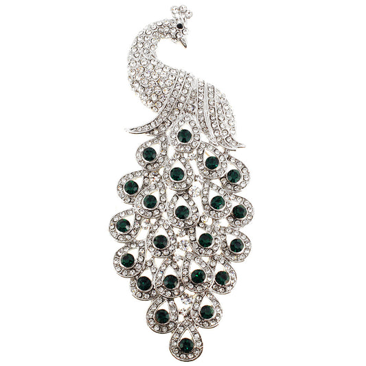 Green Large Gem Drop Peacock Crystal Pin Brooch