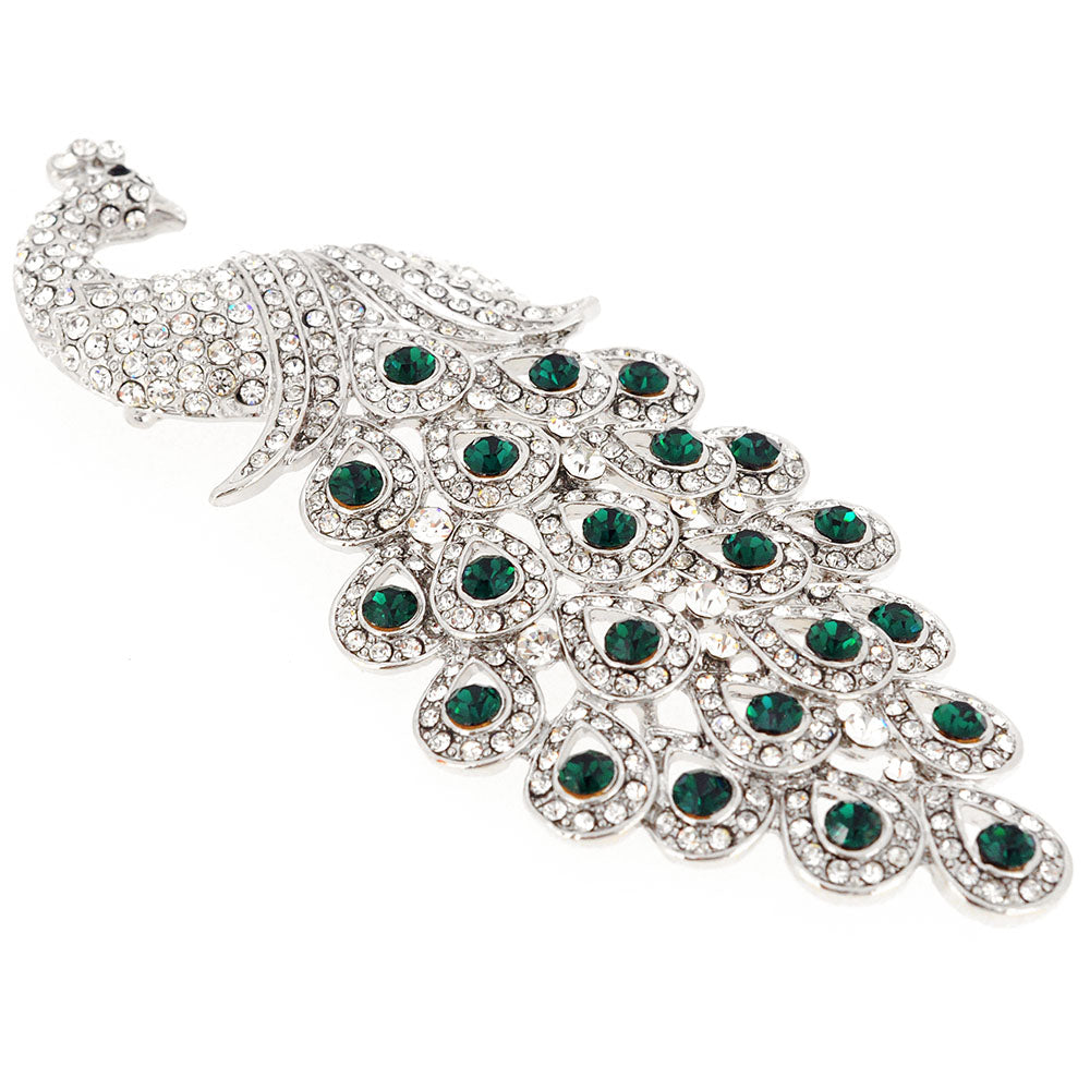 Green Large Gem Drop Peacock Crystal Pin Brooch