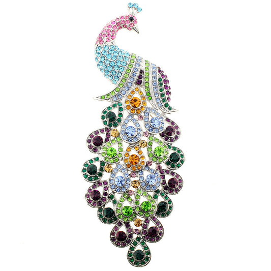 Pastel Gem Drop Peacock Crystal Pin Brooch