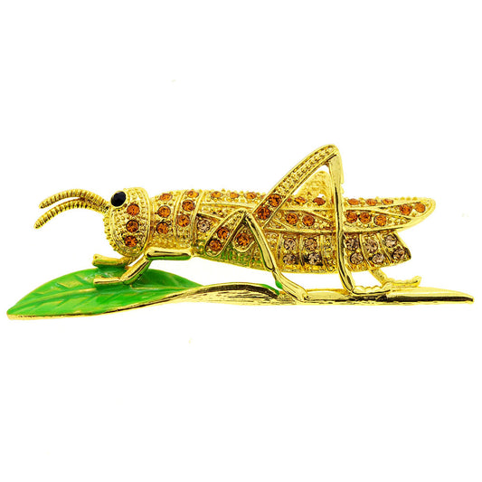 Golden Grasshopper Crystal Brooch Pin
