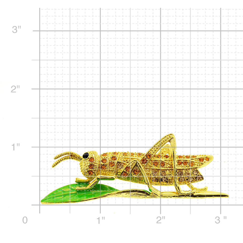 Golden Grasshopper Crystal Brooch Pin