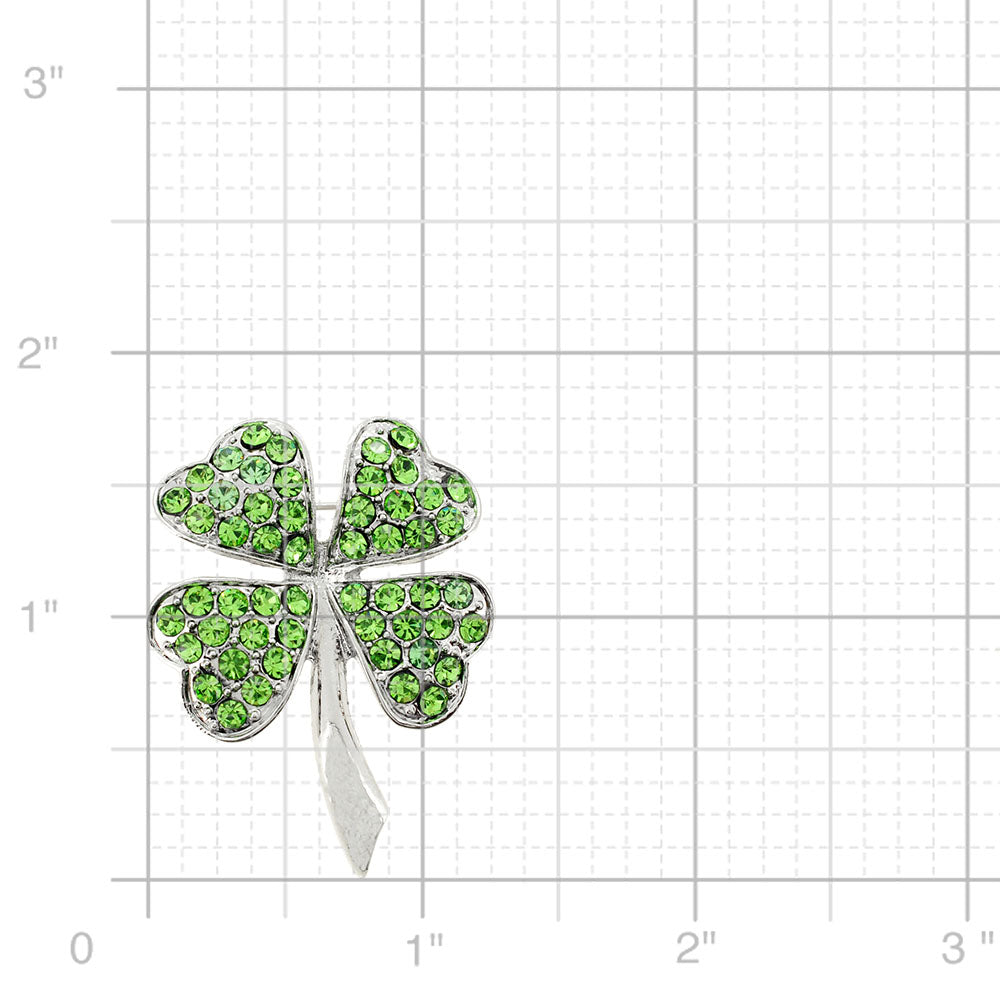 Bright Green St. Patrick's Day Four Leaf Clover Crystal Pin Brooch