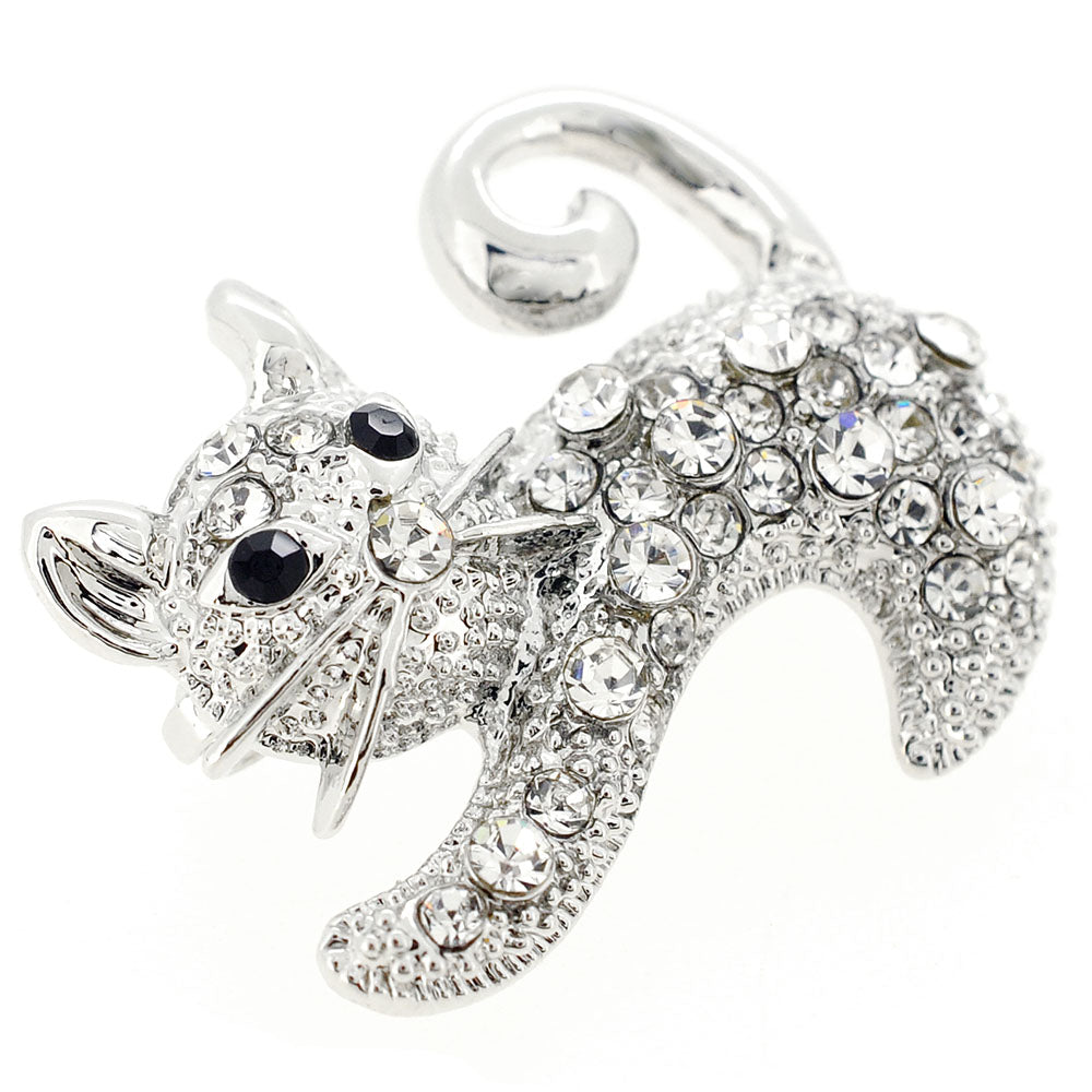 Silver Cat Crystal Pin Brooch