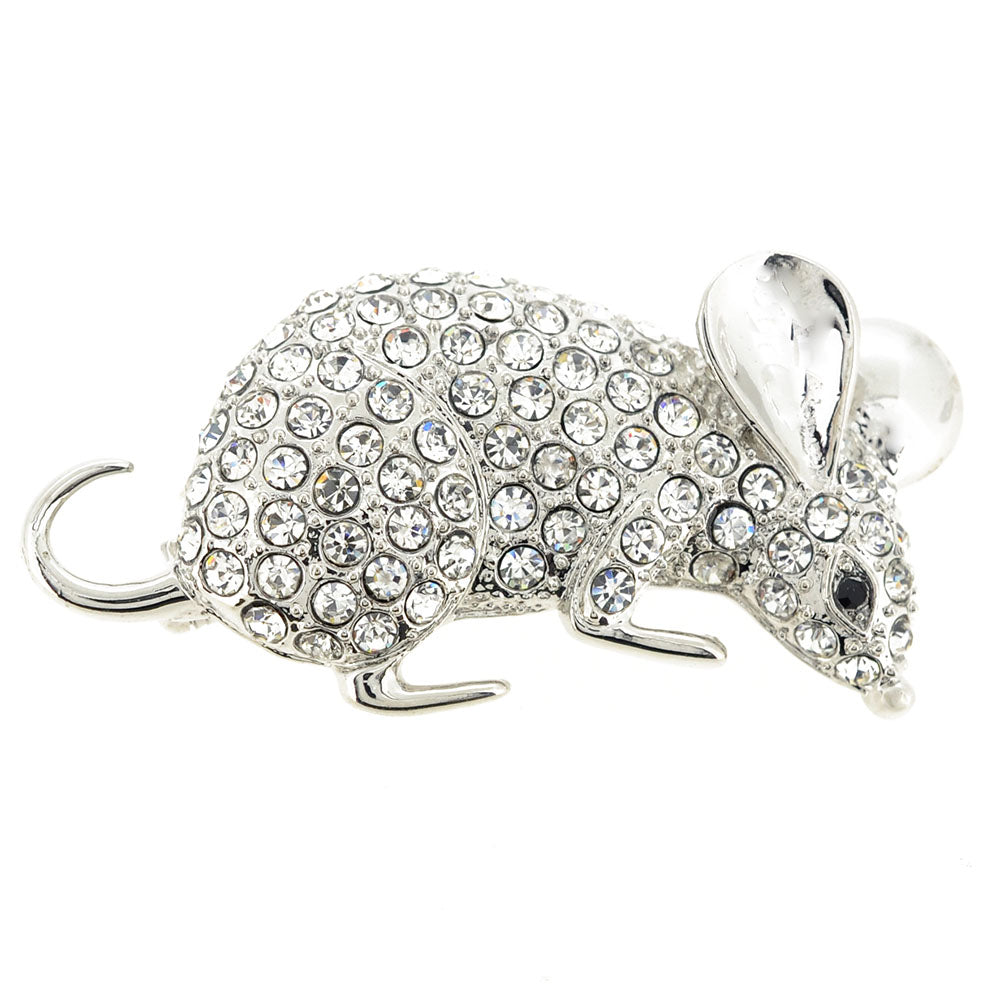 Silver Mouse Crystal Pin Brooch
