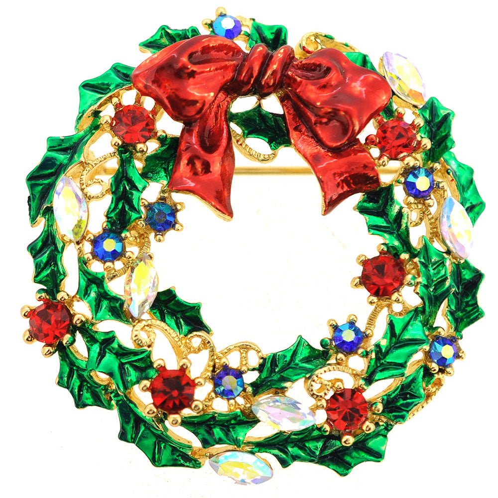 Multicolor Christmas Bow Wreath Swarovski Crystal Pin Brooch