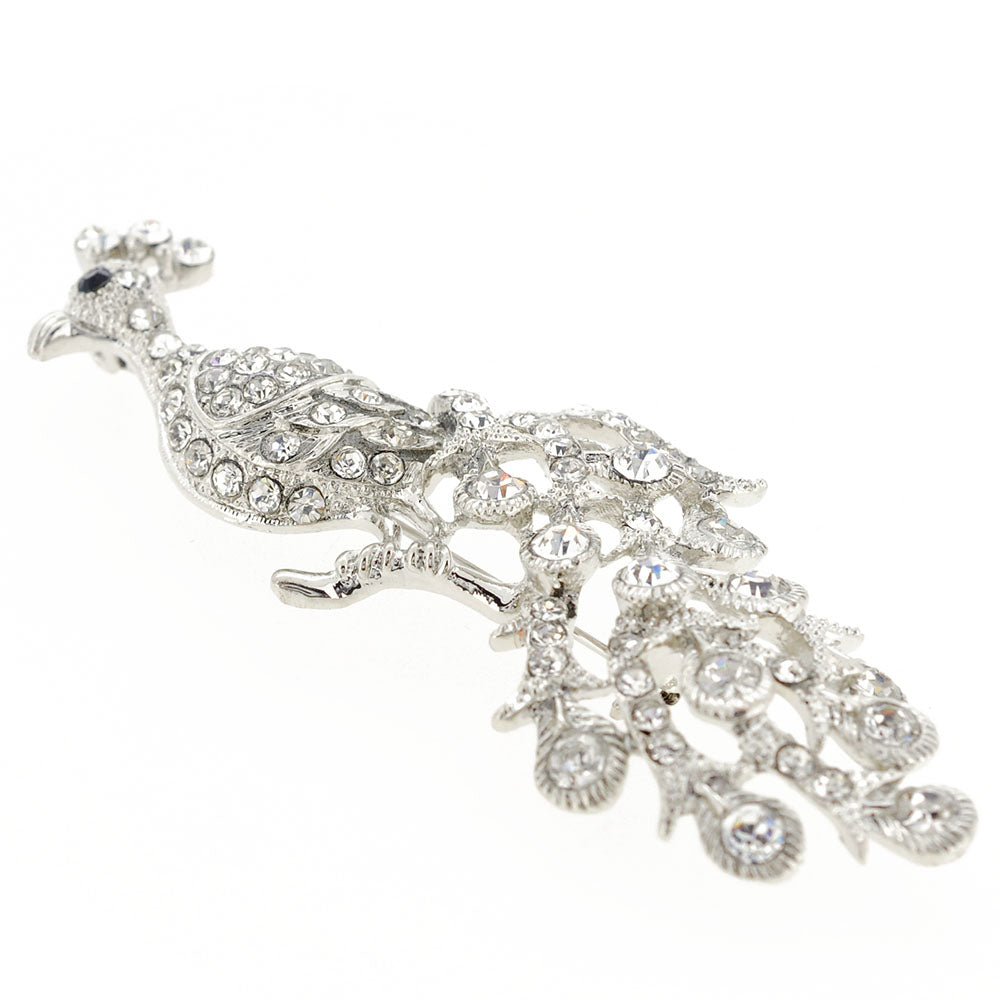 Silver Peacock Crystal Pin Brooch