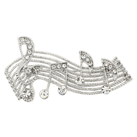 Silver Chrome Sheet Music Note Crystal Pin Brooch