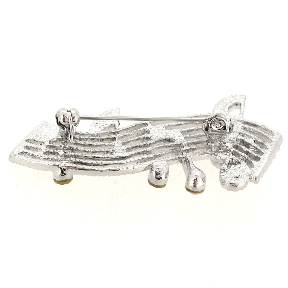 Silver Chrome Sheet Music Note Crystal Pin Brooch