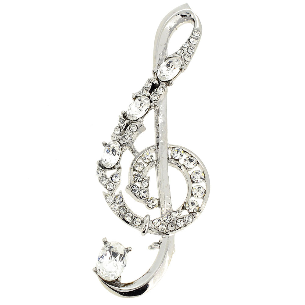Silver Chrome Music Note Crystal Pin Brooch