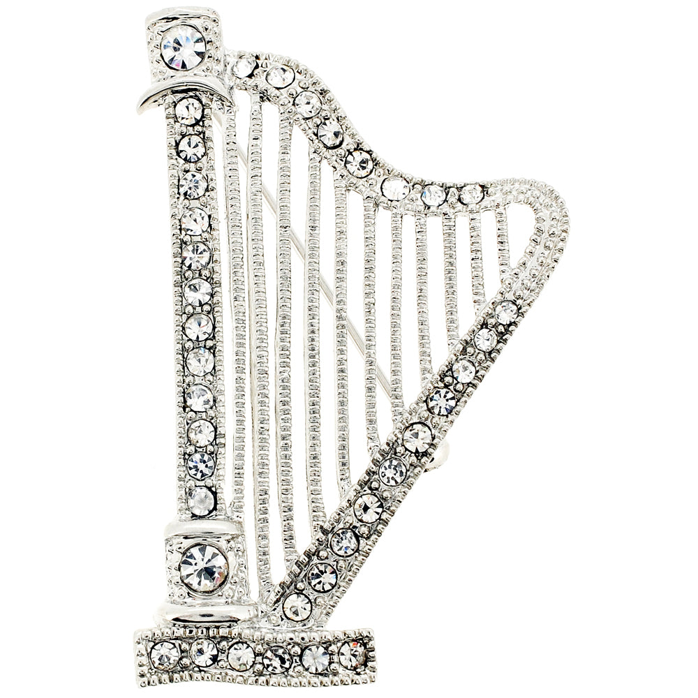 Chrome Harp Crystal Music Pin Brooch