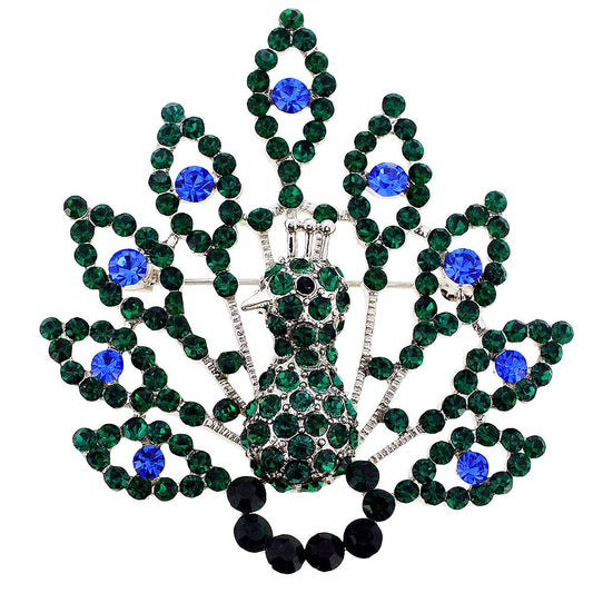 Emerald Green Full Peacock Crystal Pin Brooch
