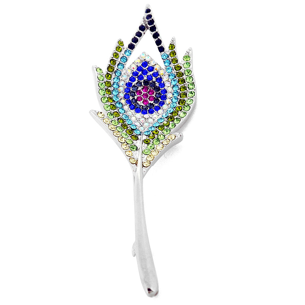 Multicolor Peacock Feather Crystal Pin Brooch