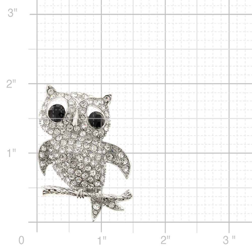 Silver Crystal Owl Bird Pin Brooch
