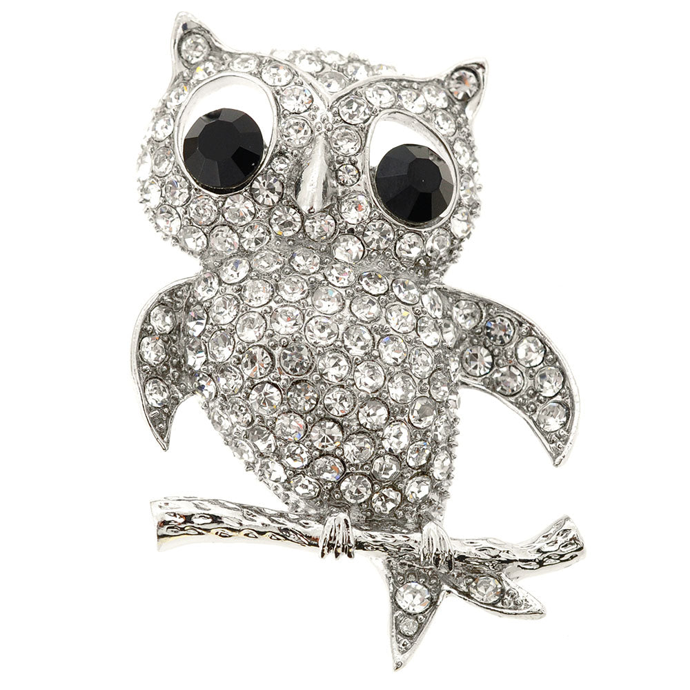 Silver Crystal Owl Bird Pin Brooch