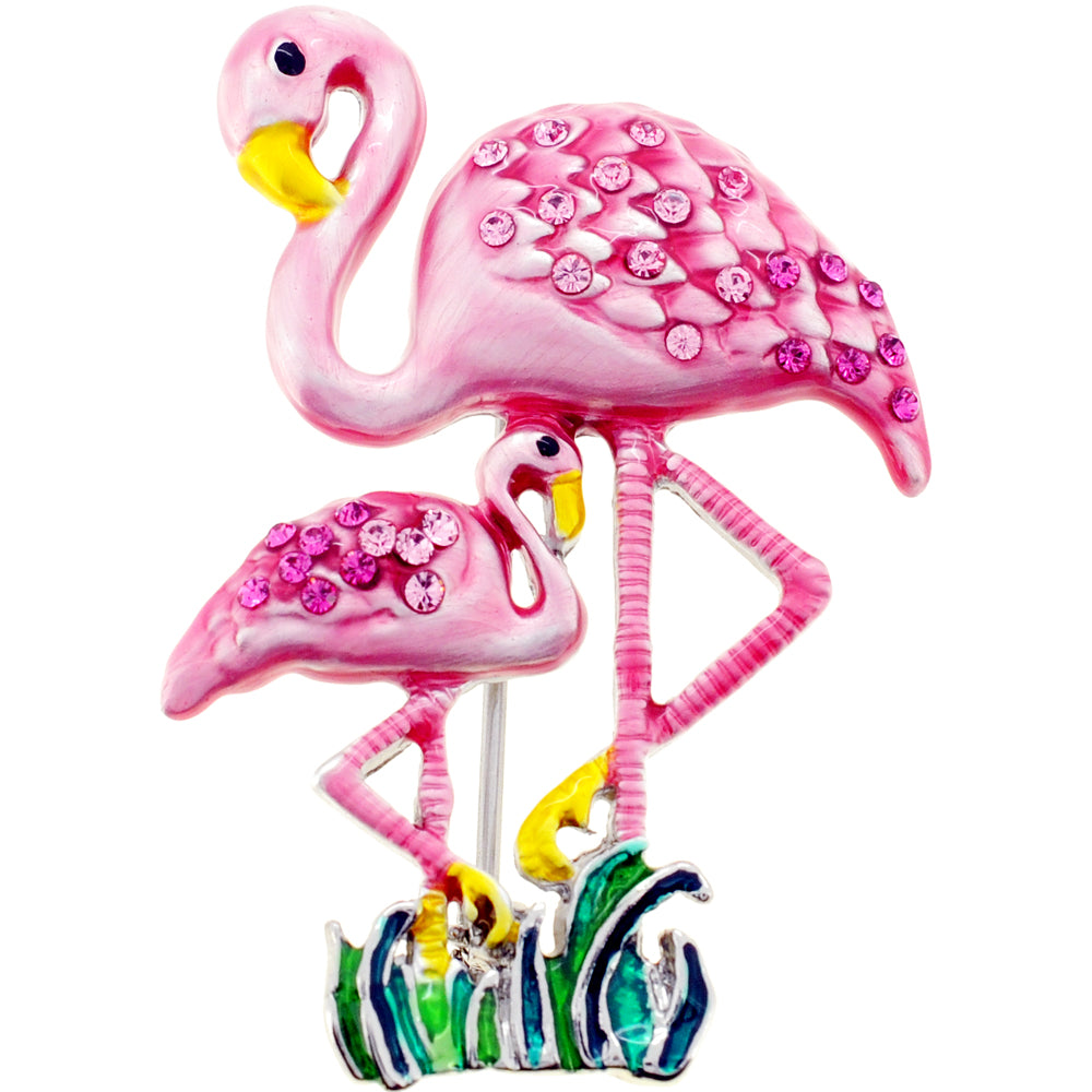 Pink Flamingo Mother and Baby Swarovski Crystal Pin Brooch