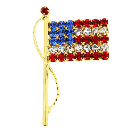 Golden American Flag Patriotic Crystal Pin Brooch