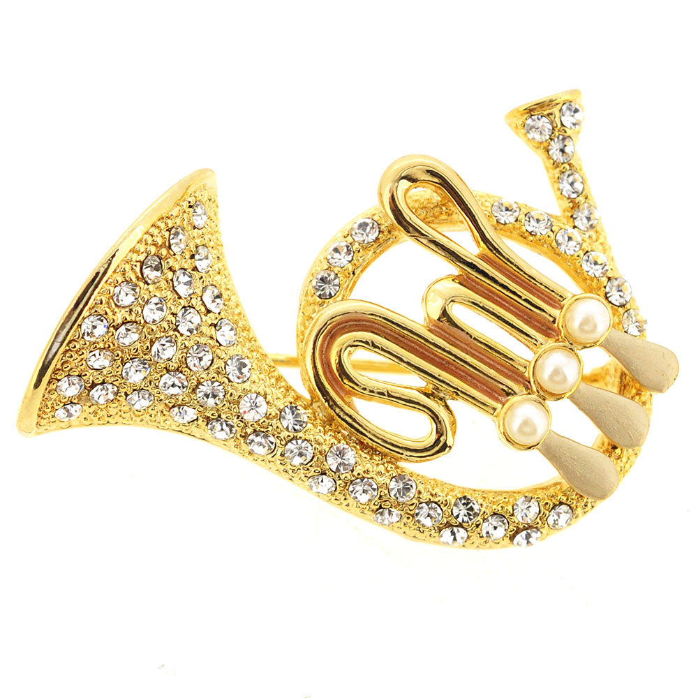 Golden French Horn Swarovski Crystal Pin Brooch