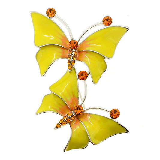 Two Yellow Butterfly Crystal Pin Brooch