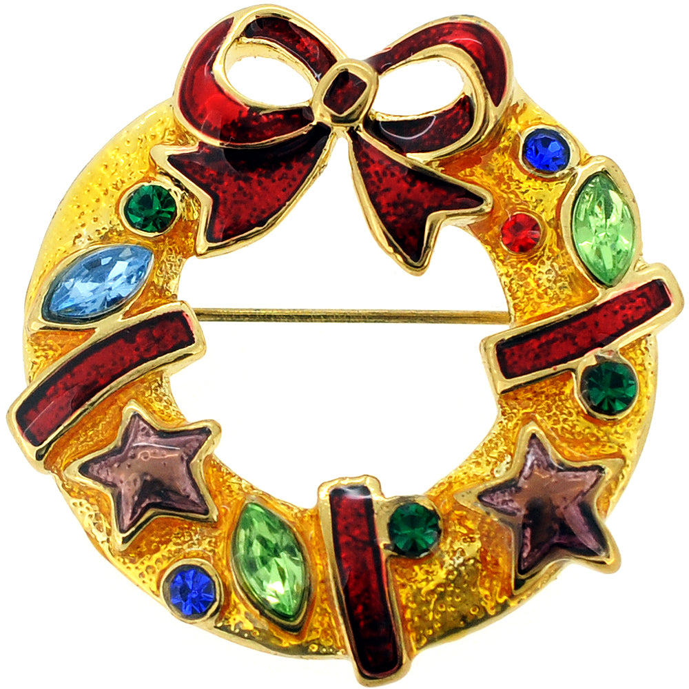 Gold Christmas Wreath Brooch Pin