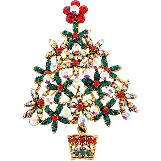 Multicolor Potted Christmas Tree Flower Swarovski Crystal Brooch and Pendant