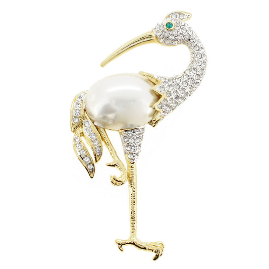 White Pearl Crane Bird Swarovski Crystal Pin Brooch