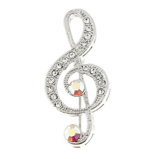 Chrome Music Note Crystal Pin Brooch